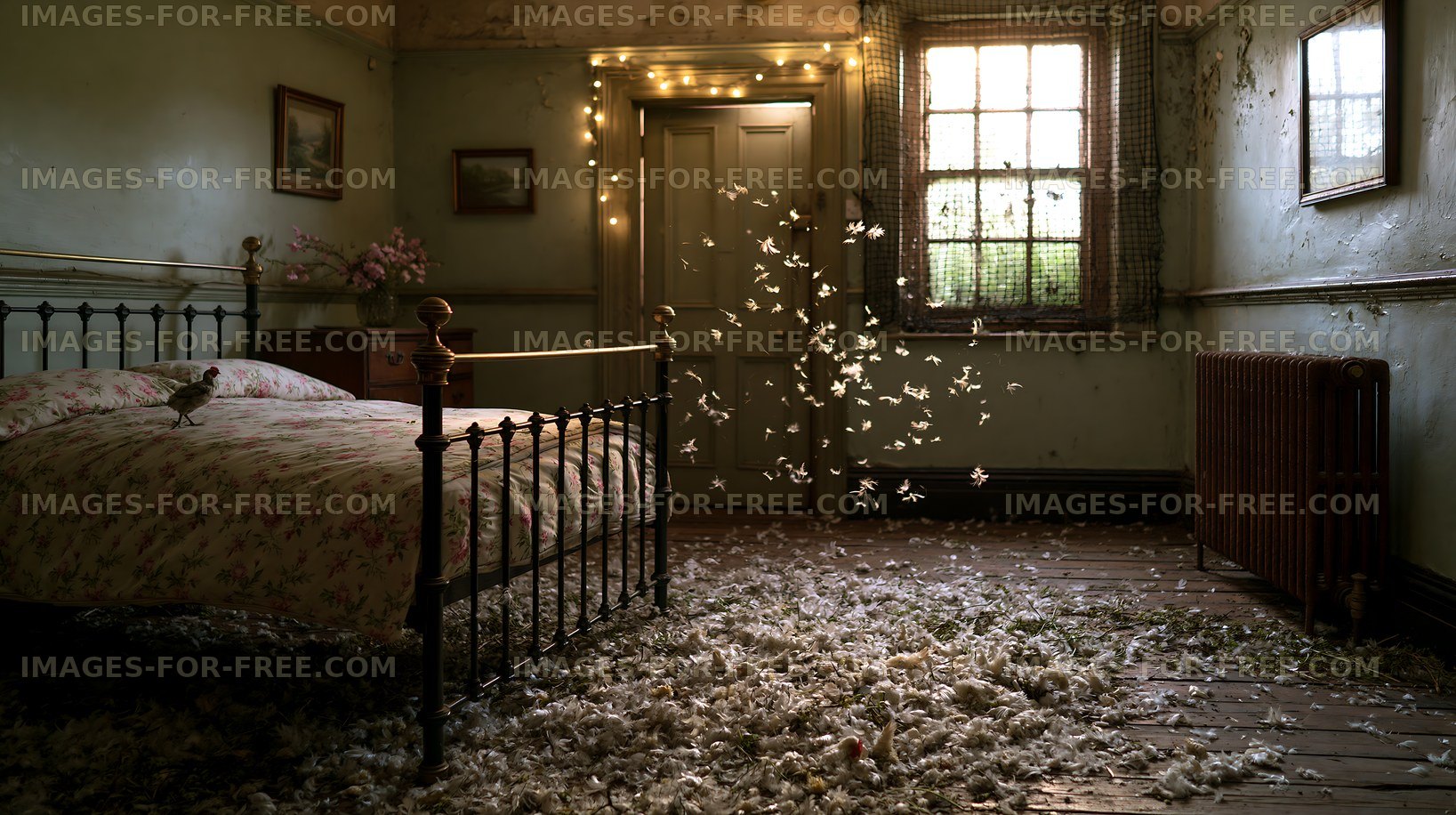 Dust and feathers float in an empty bedroom with a bed