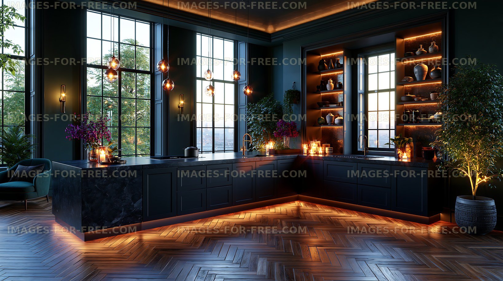 Modern kitchen with stylish lighting and elegant decor