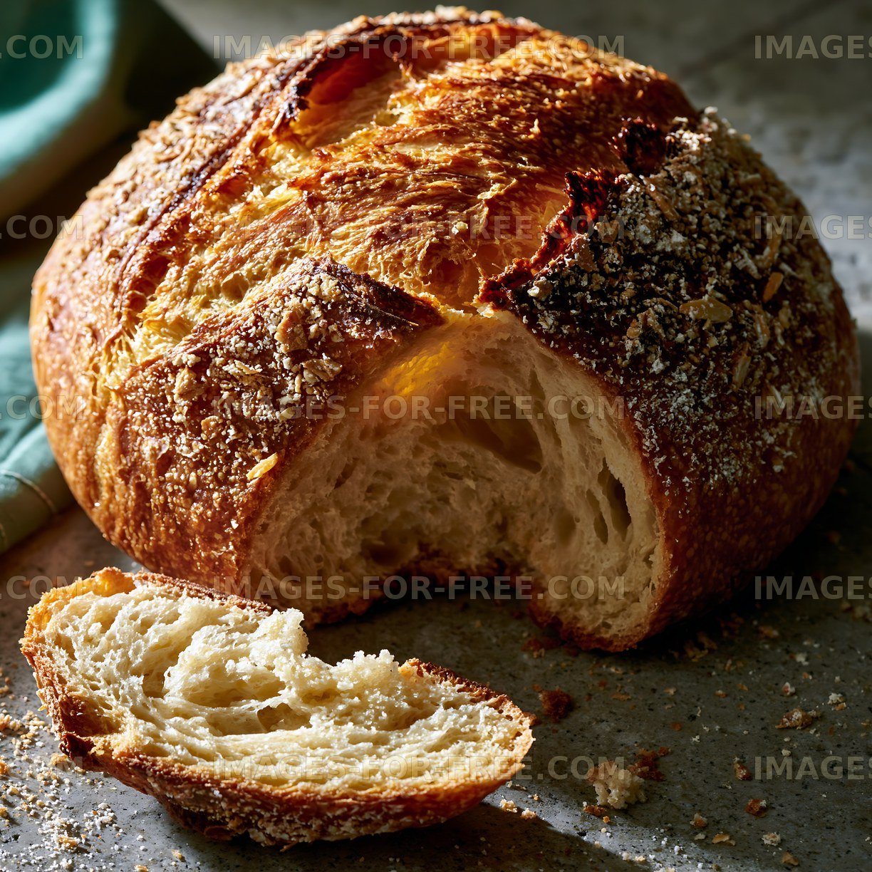Freshly baked bread loaf on a kitchen counter with a slice removed