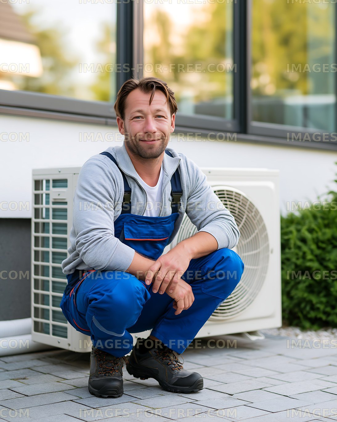 Man in work clothes kneeling near air conditioning unit outside home
