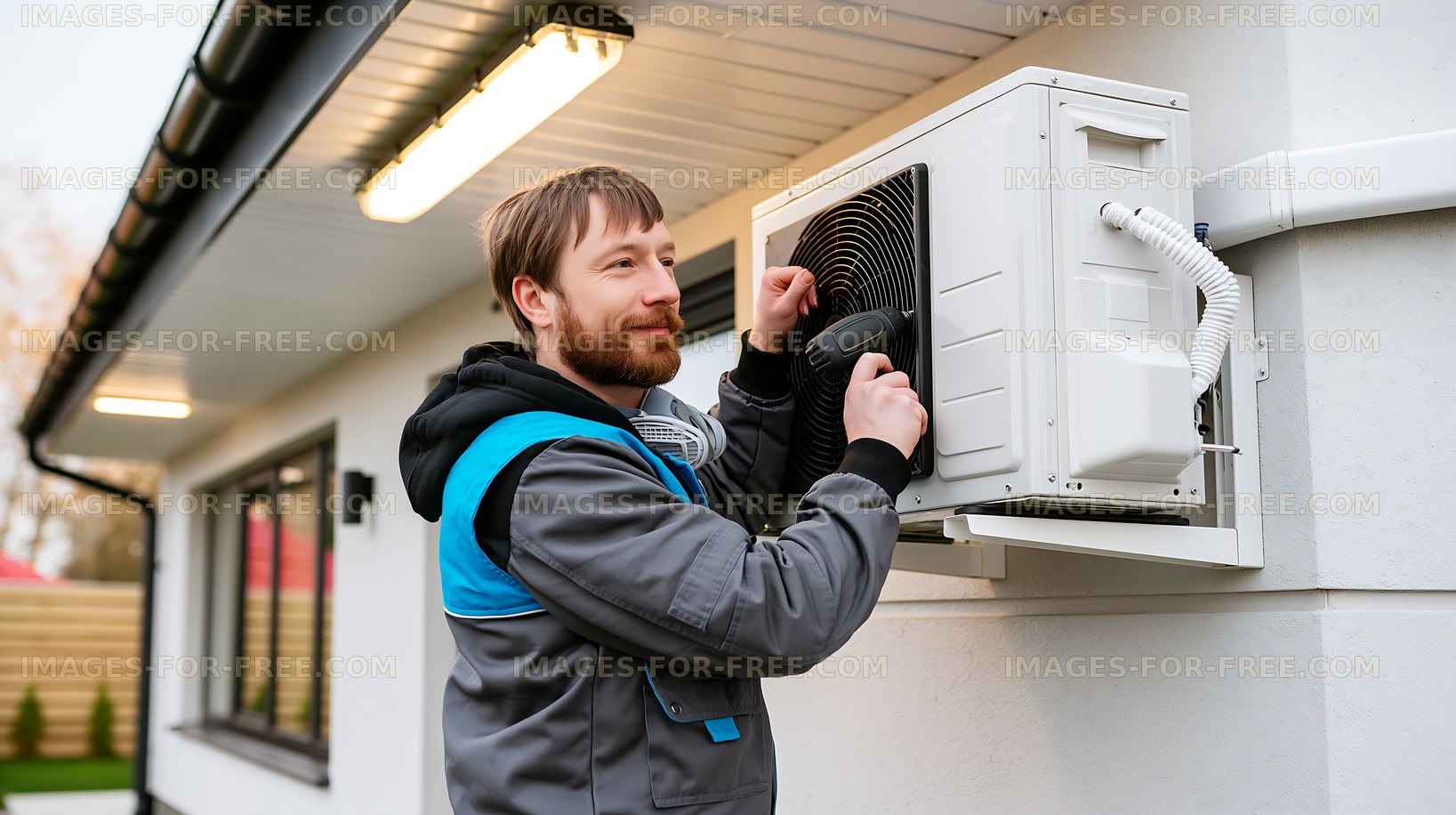 Technician installing air conditioning unit on exterior wall