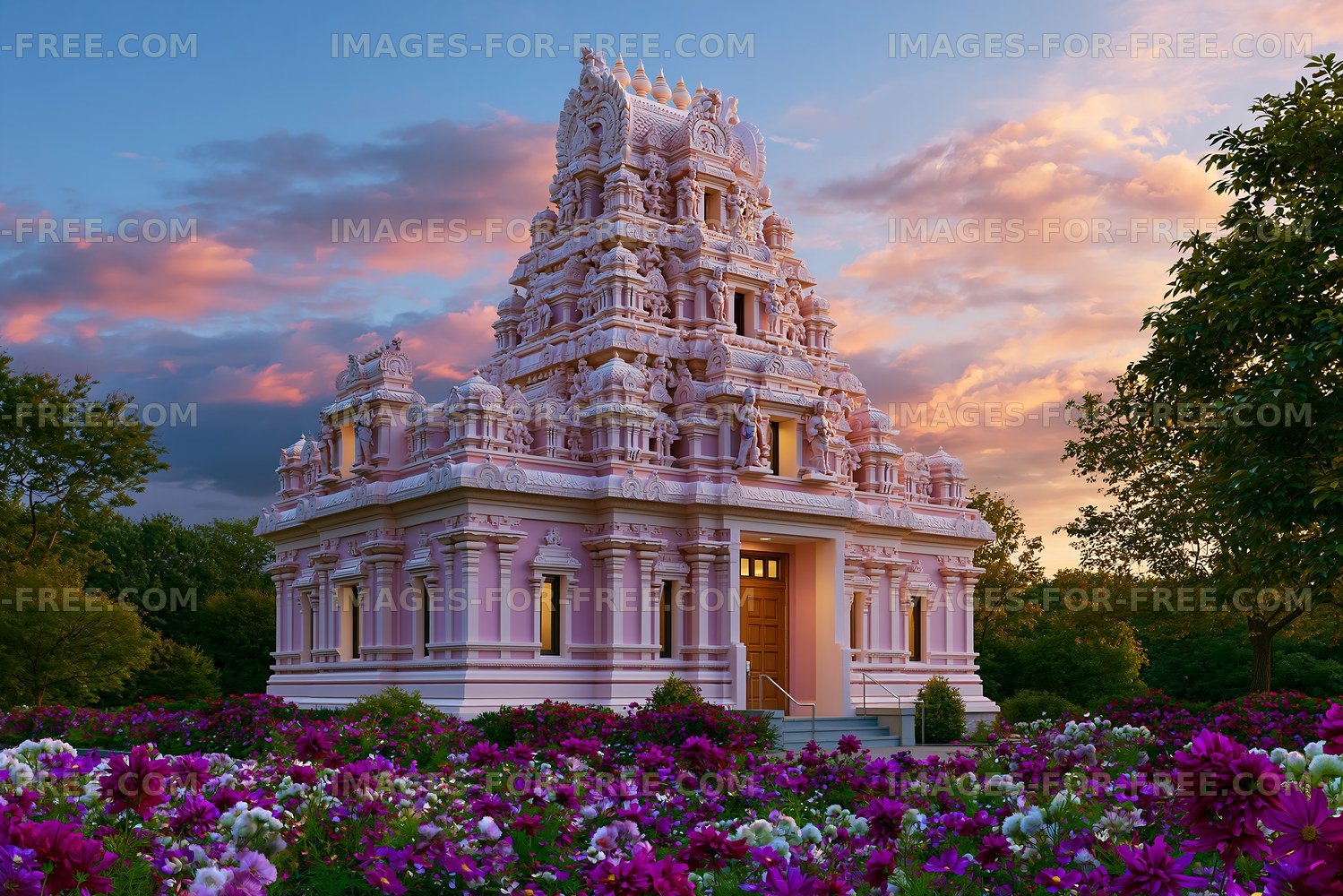 Colorful temple surrounded by flowers at sunset
