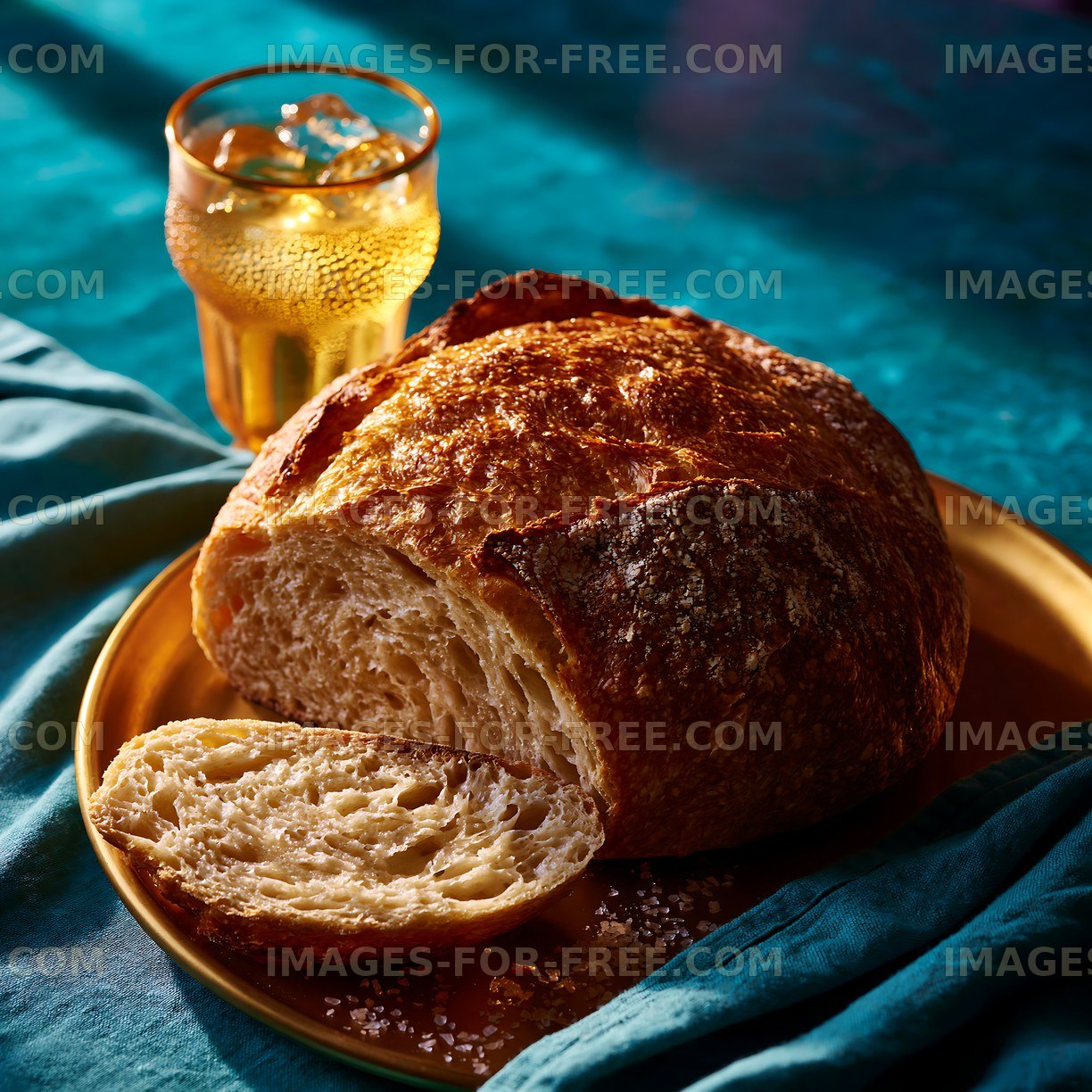 Freshly baked bread with a glass of cold drink on a table