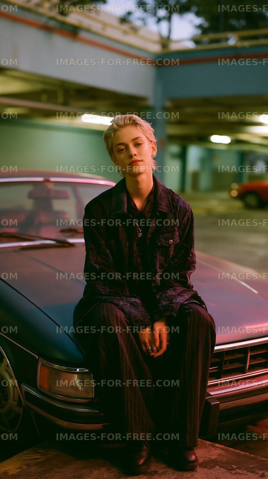 Person sitting on a car hood in a parking garage at dusk