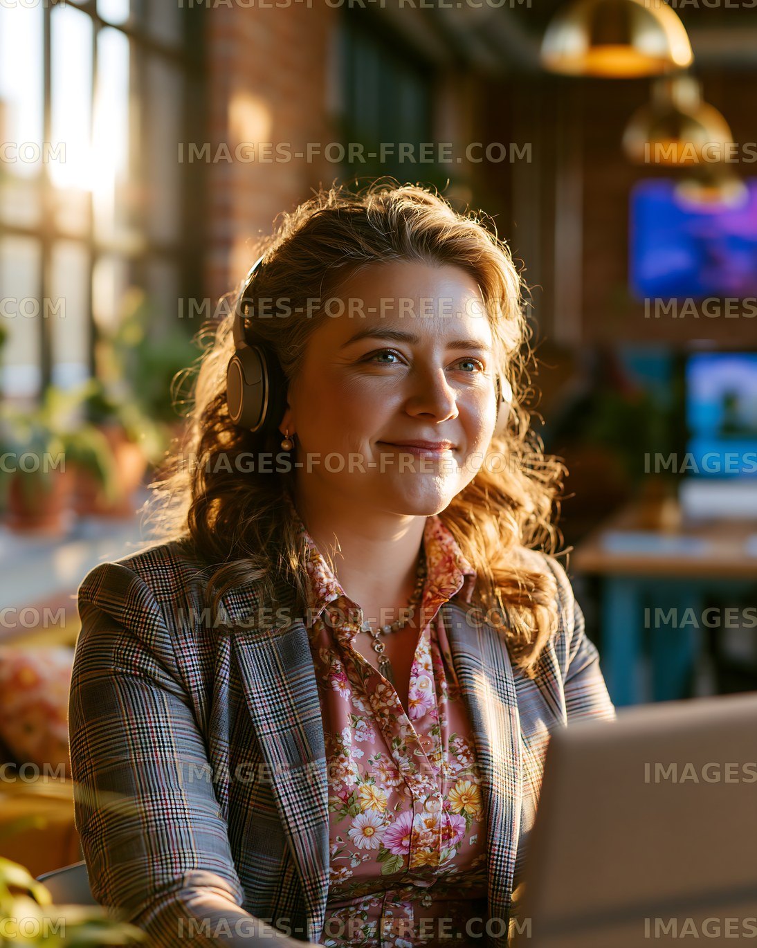 Woman working in an office during sunset with headphones on