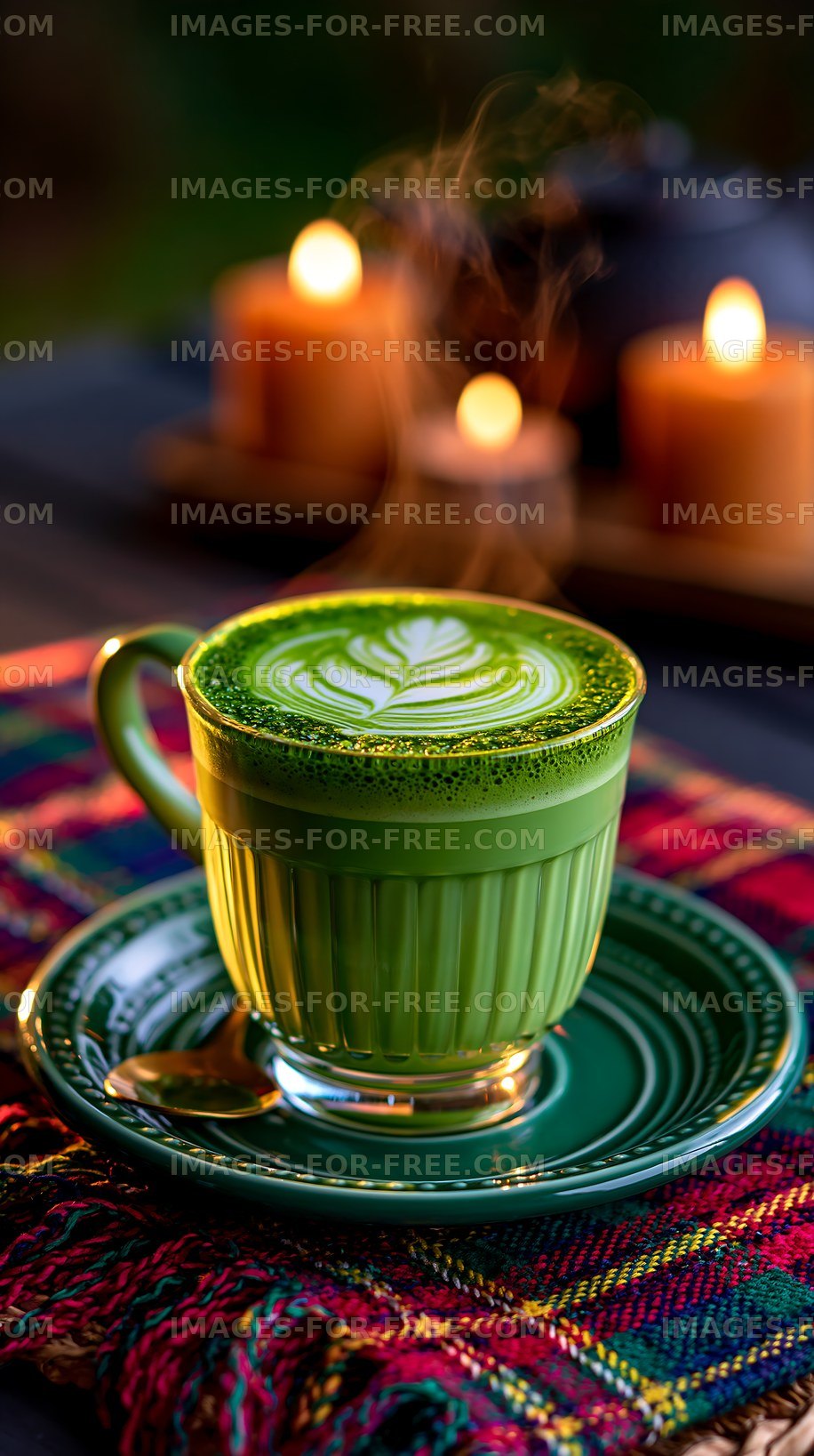 Green tea matcha in a cup with candles on a table