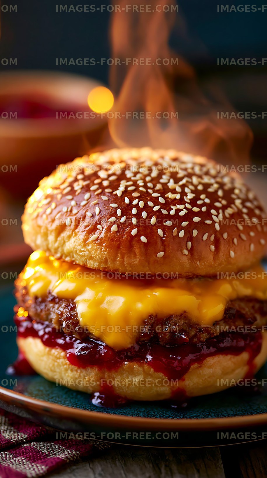 Cheeseburger with melted cheese and barbecue sauce on a plate