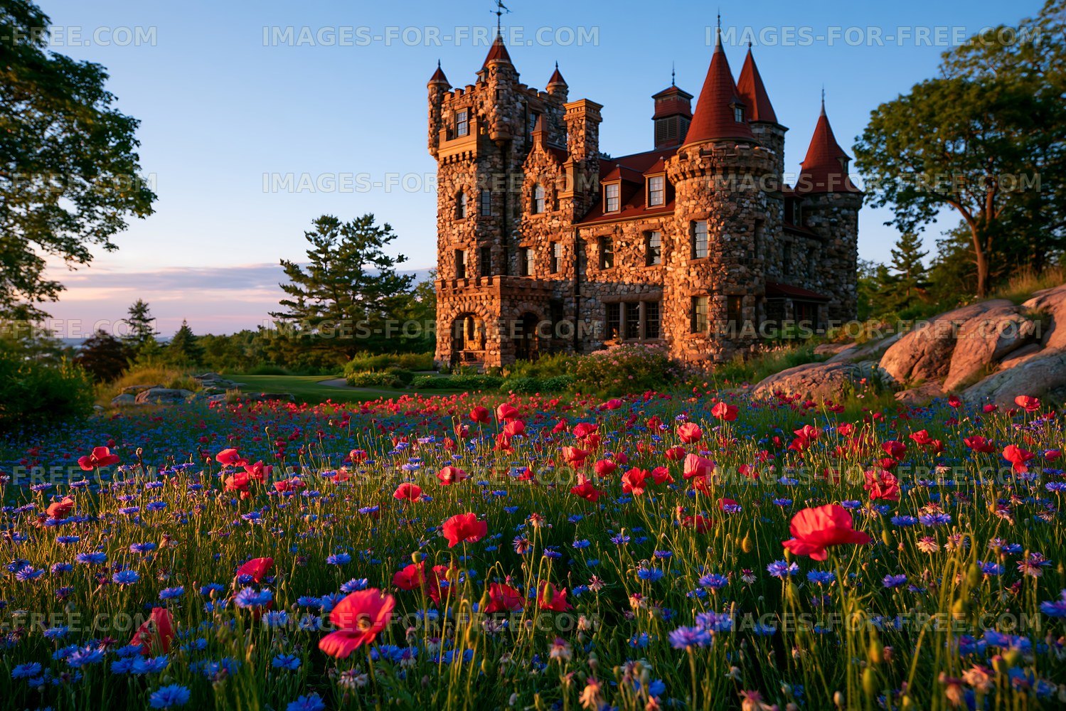 Castle surrounded by colorful flowers in a vibrant landscape