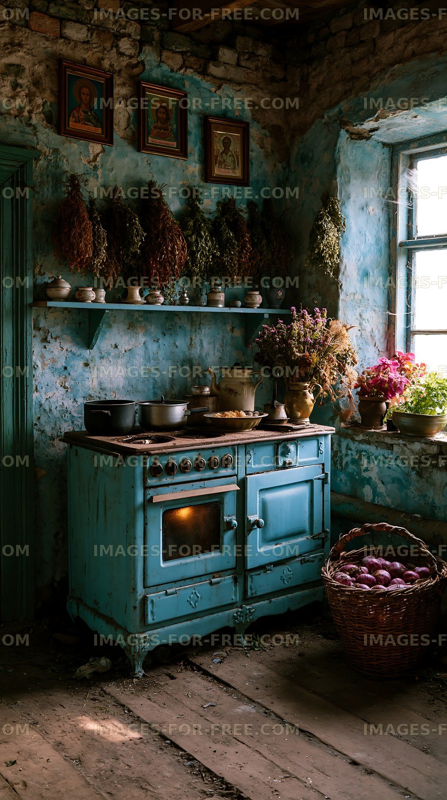 Old kitchen interior with blue stove and plants on the shelf