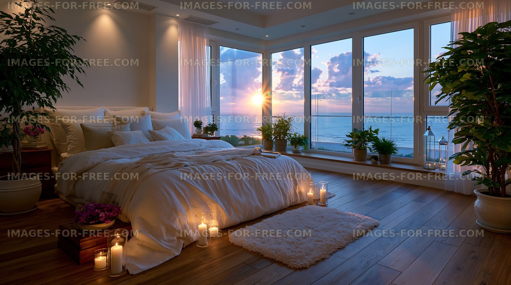 Cozy bedroom with large windows and sunset view over the water