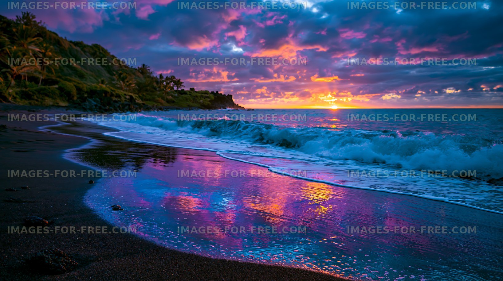 Sunset over the ocean viewed from a black sand beach