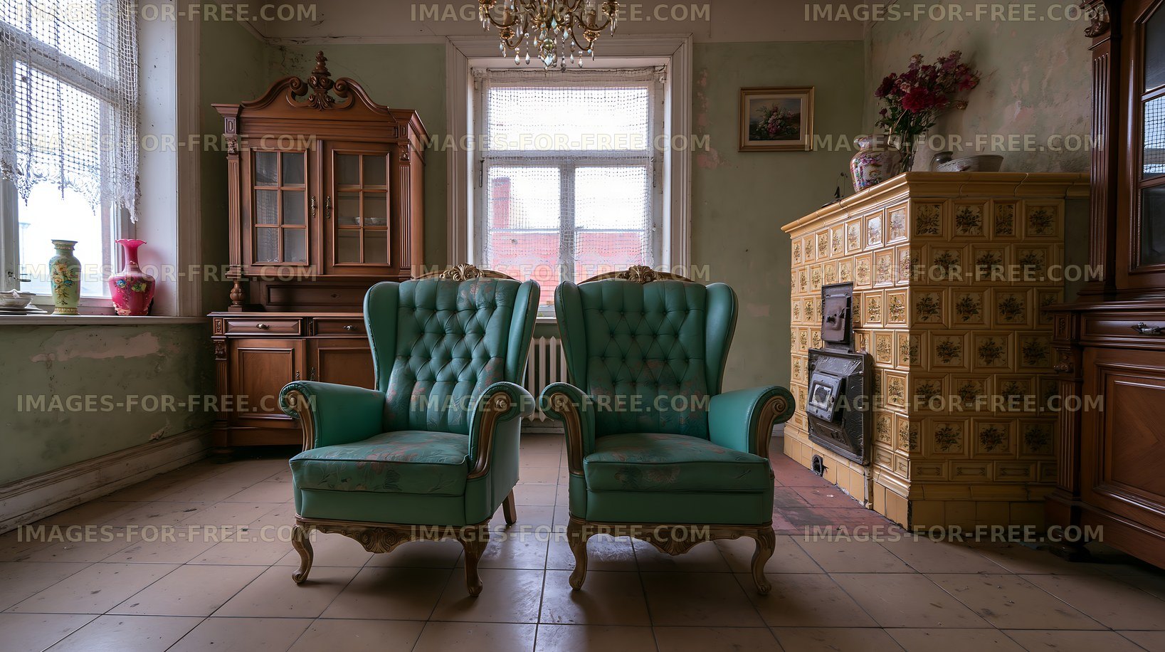 Vintage armchairs in an old interior room with wooden furniture