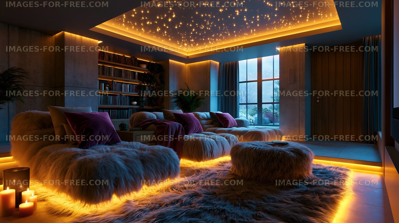 Cozy living room with warm lighting and soft furnishings