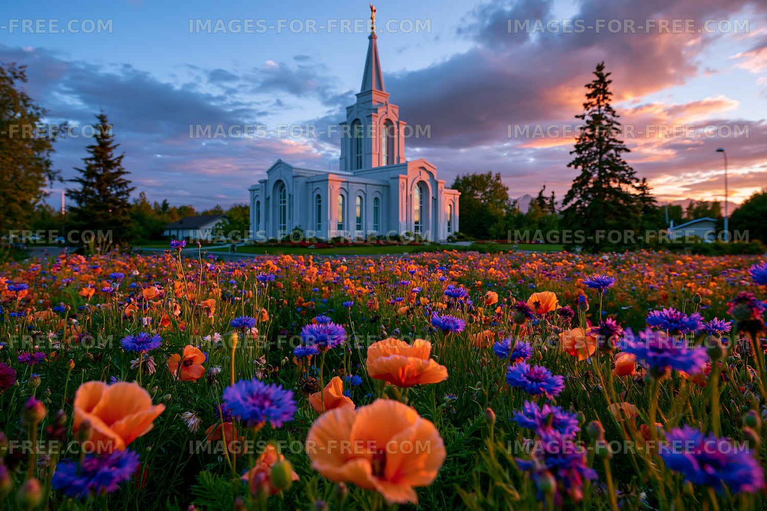 Colorful flowers surround a white church at sunset