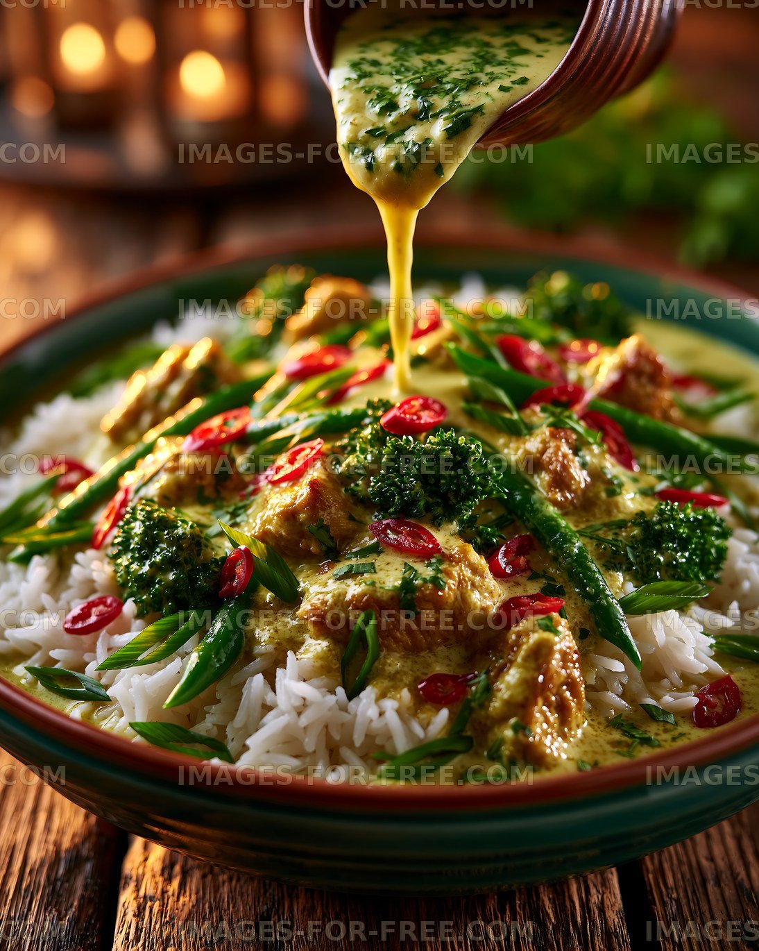 Delicious curry sauce poured over rice and vegetables in a bowl