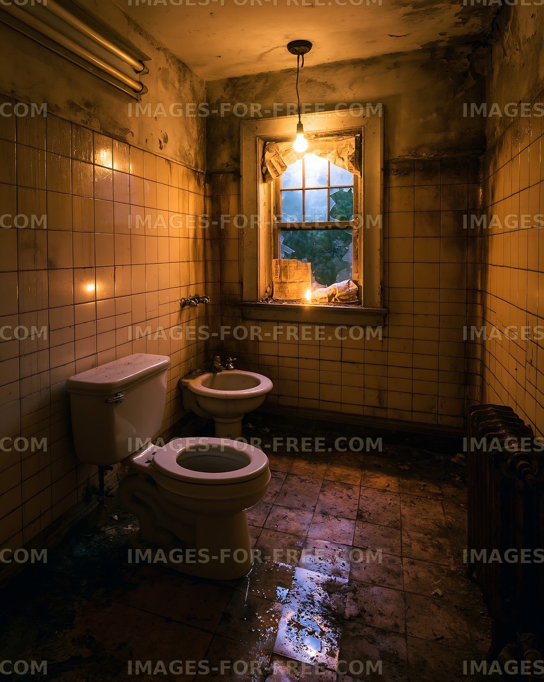Bathroom in an abandoned building with a window and a light bulb