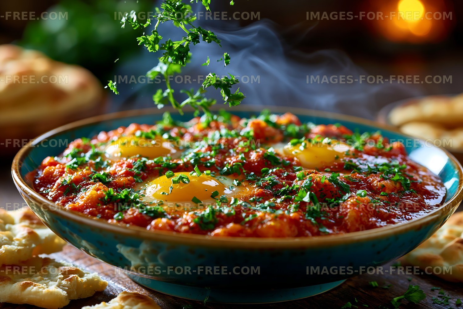 Delicious dish with eggs and herbs on a wooden table