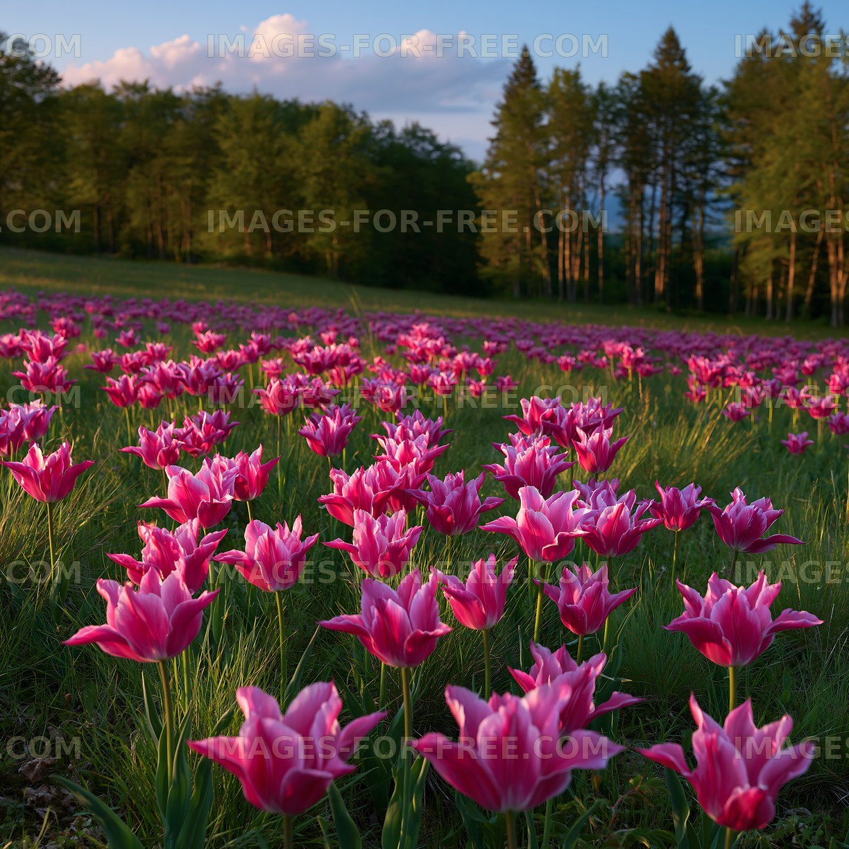 Field of pink tulips with green grass under a blue sky
