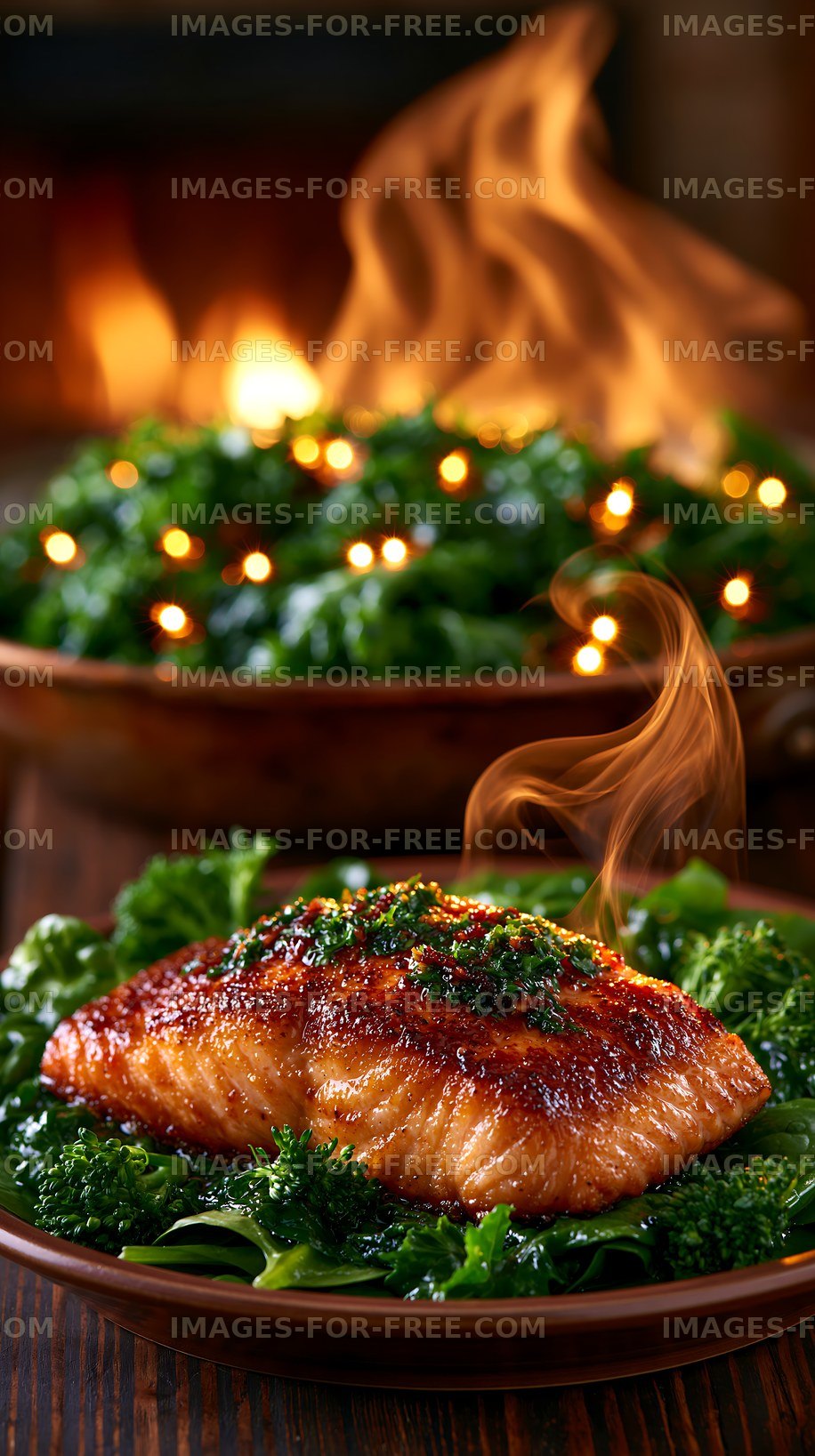 Salmon fillet served on greens with warm lights in the background