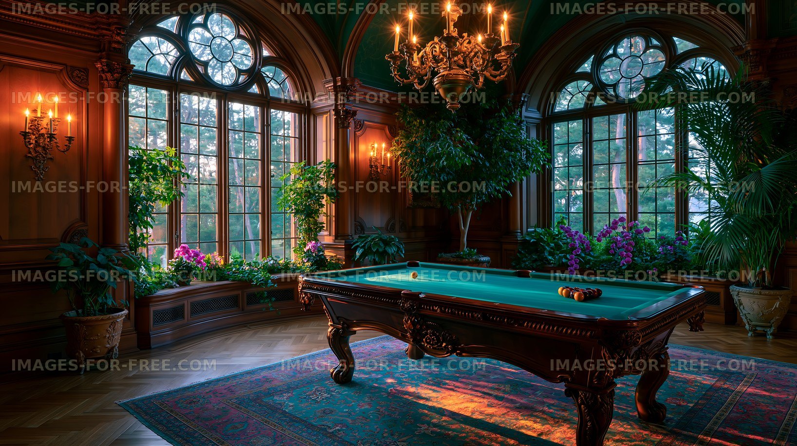 Pool table in an elegant room with large windows and plants
