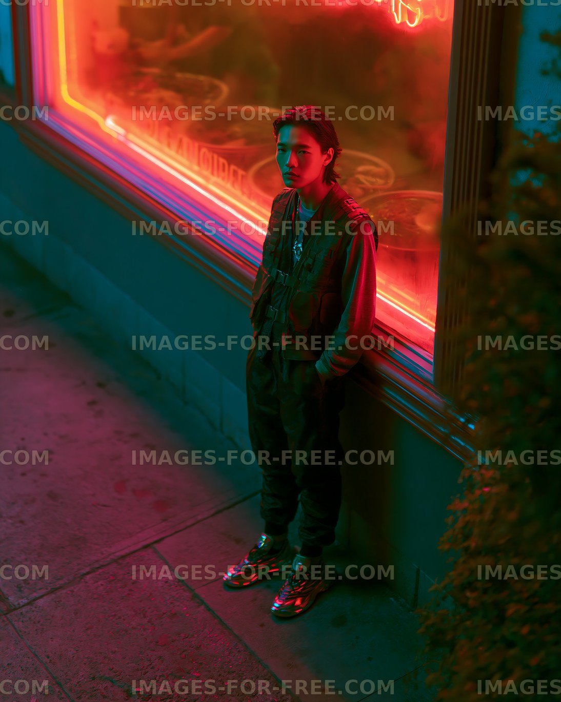 Person standing in urban area with neon lights at night