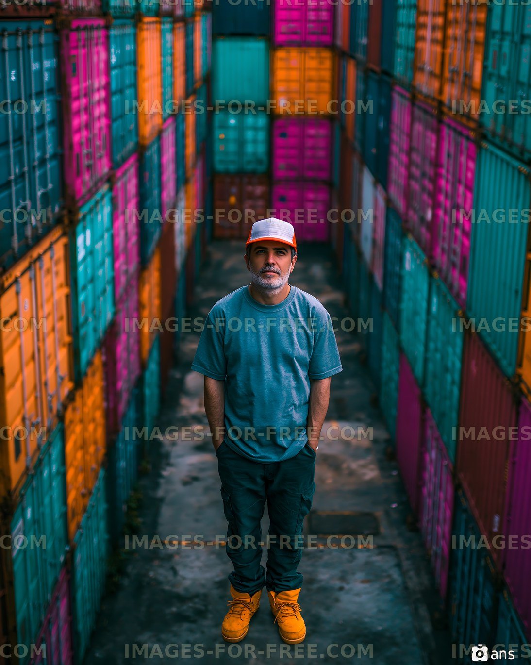 Man stands among colorful shipping containers in a storage area