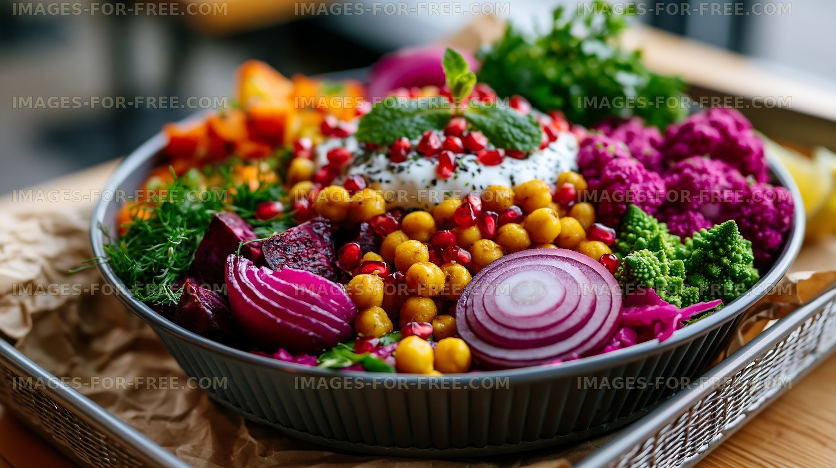 Colorful vegetable platter with hummus and fresh herbs