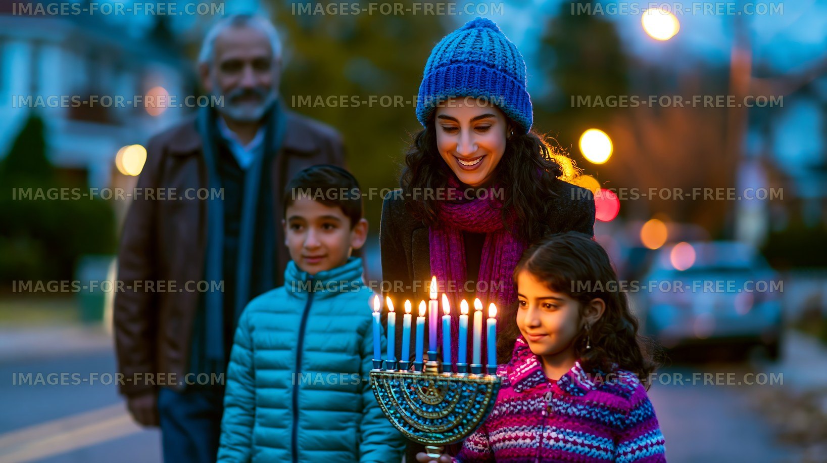 Family celebrating Hanukkah with menorah on a street at dusk