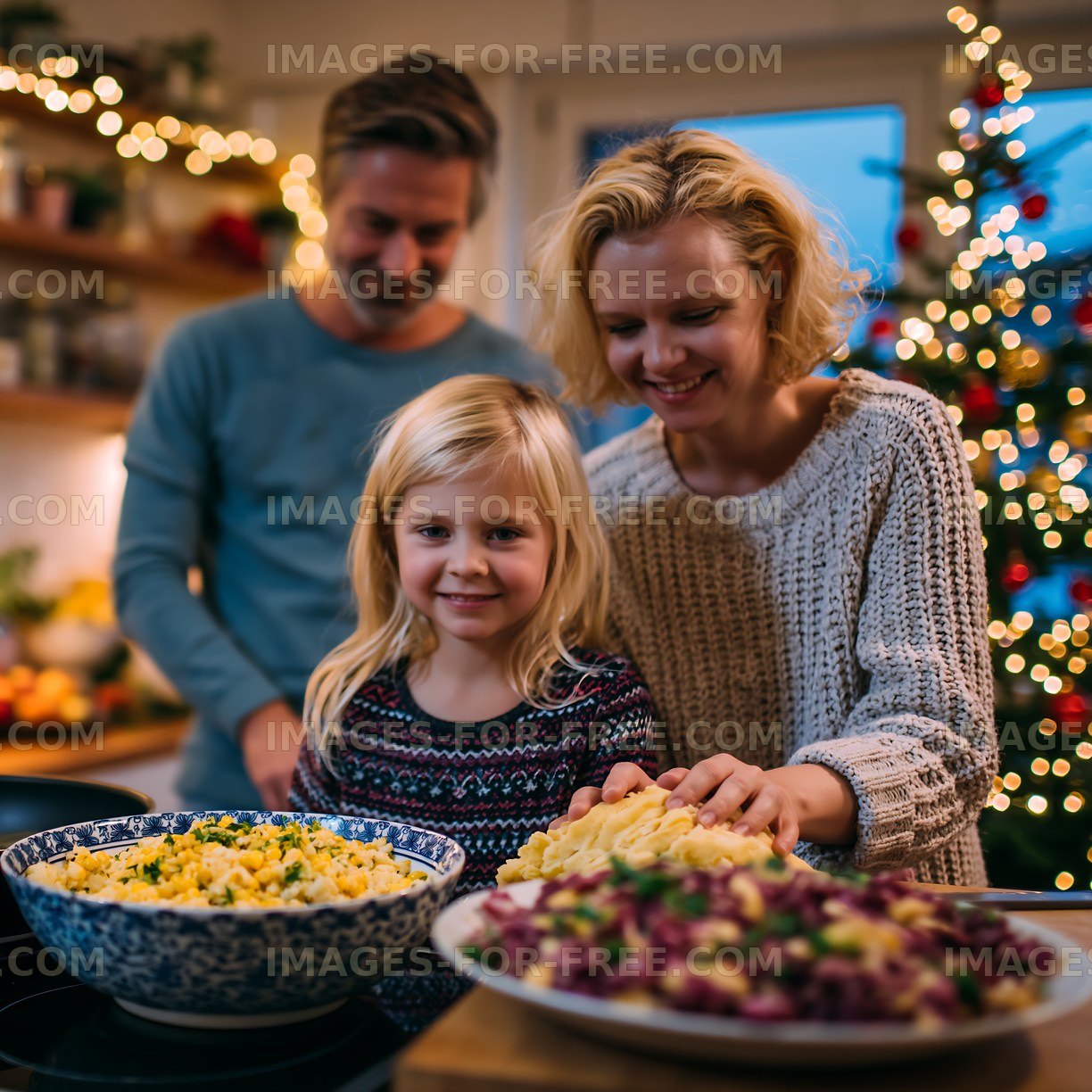 Family preparing food together in kitchen during holiday season