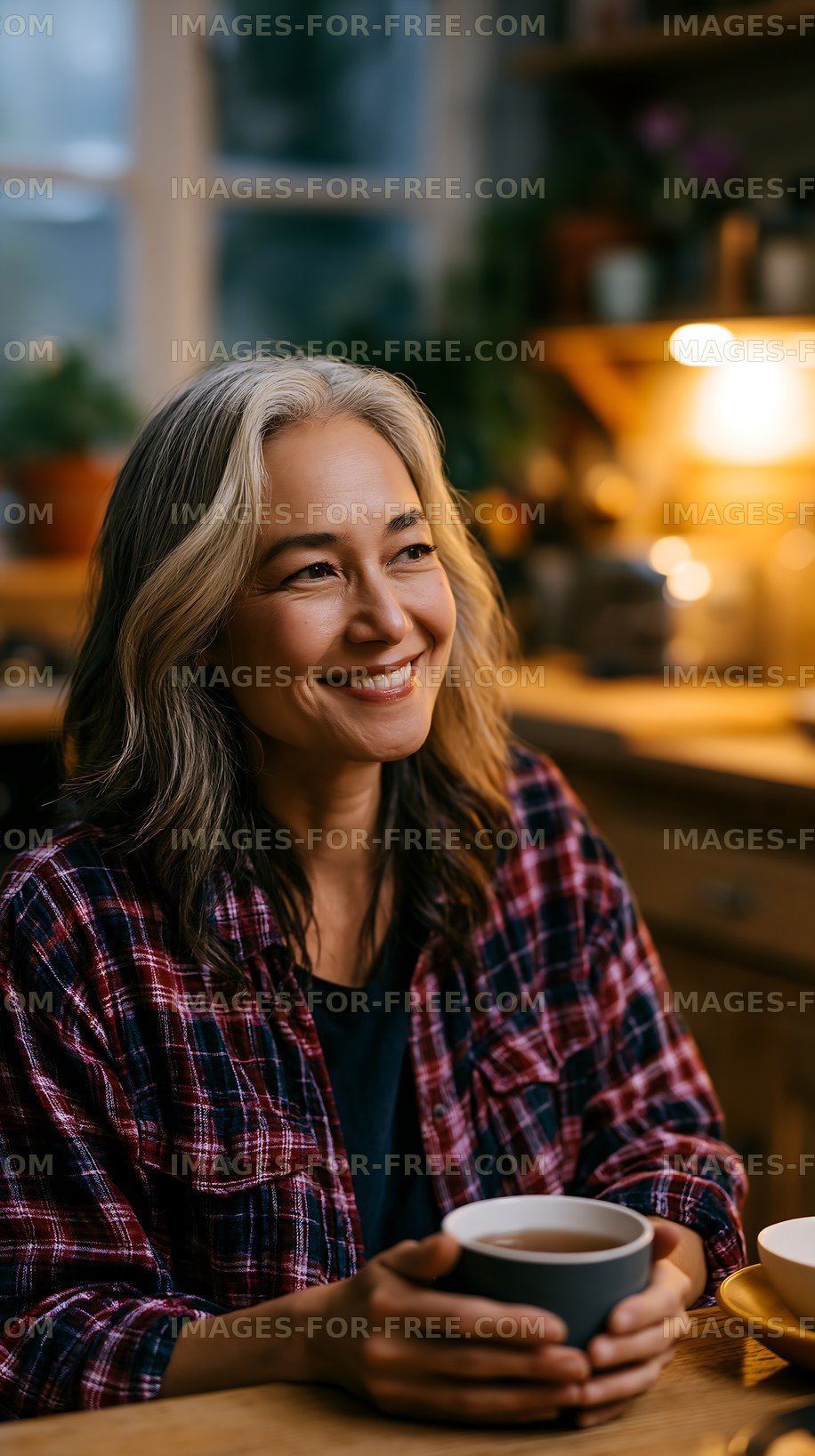 Smiling woman in checkered shirt enjoying tea in cozy kitchen
