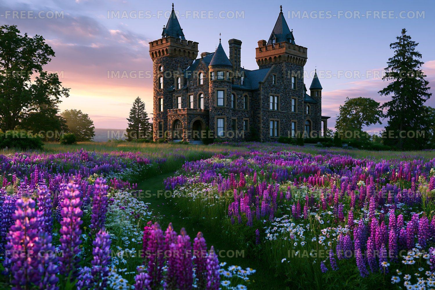 Historic castle surrounded by colorful flower field during sunset