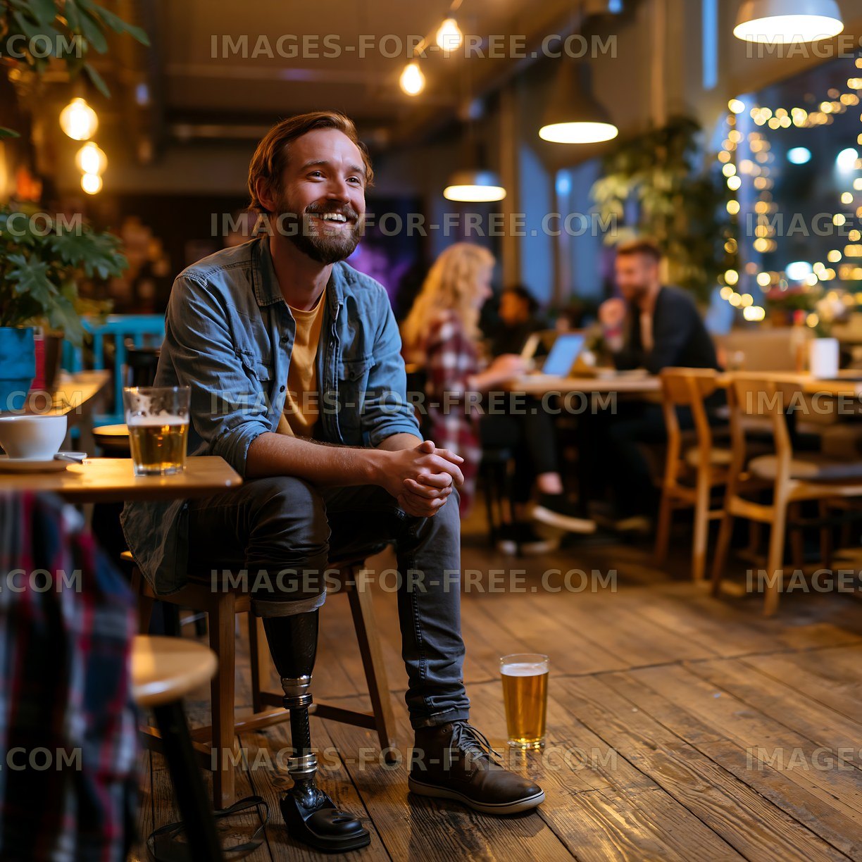 Man with prosthetic leg sitting in a cafe enjoying drinks with friends