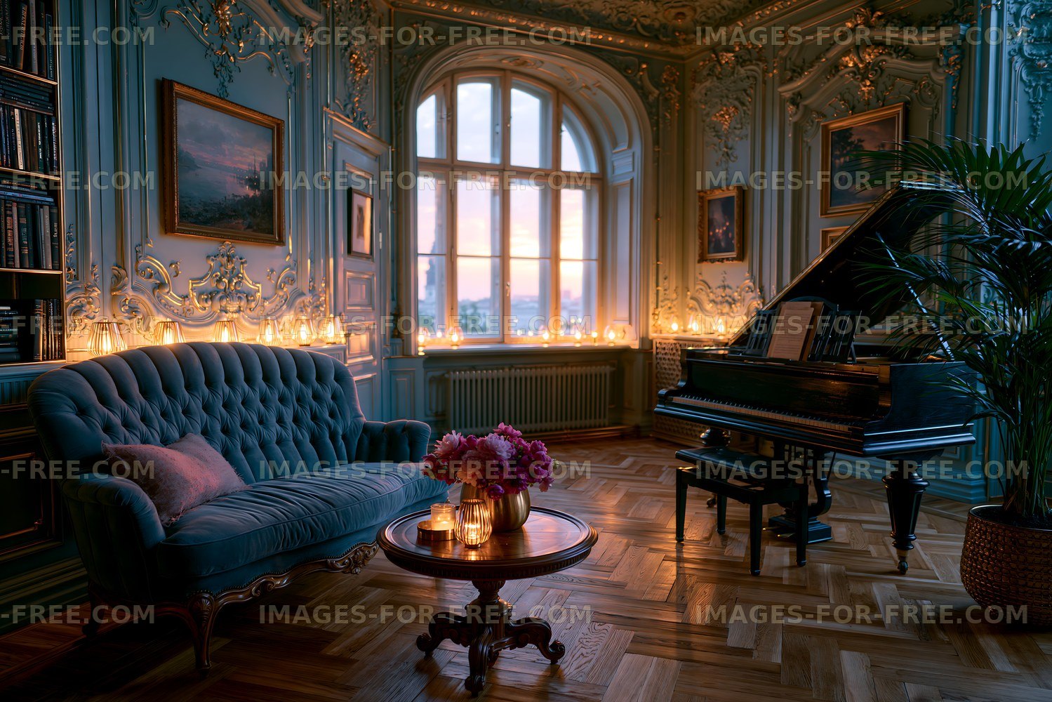 Elegant room with piano and candles at sunset