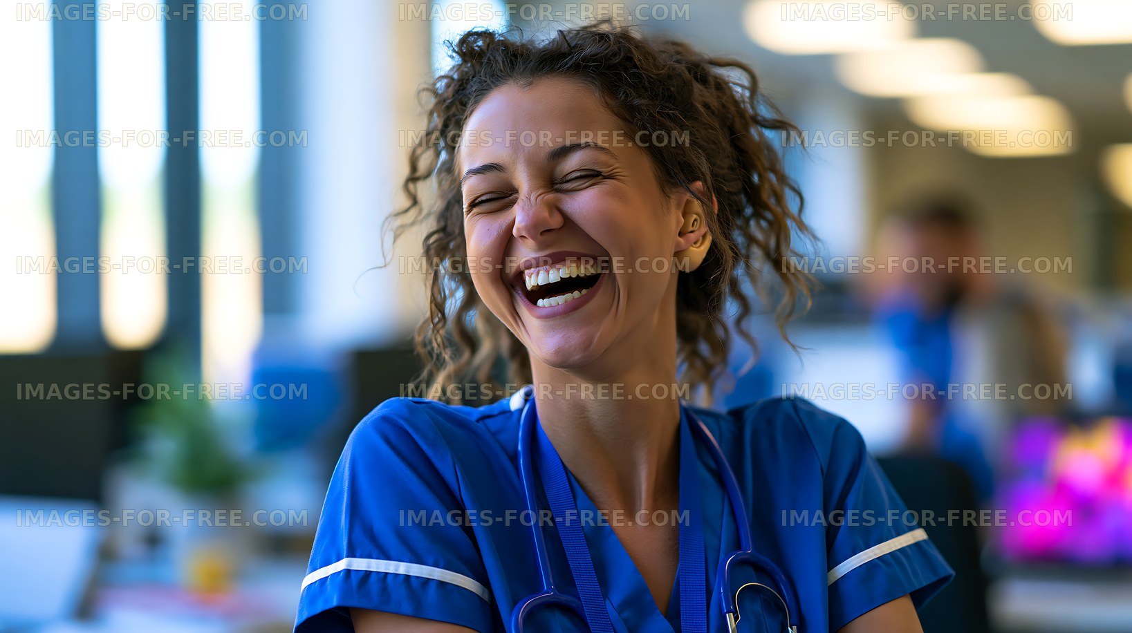 Nurse smiling in a healthcare setting during daytime hours