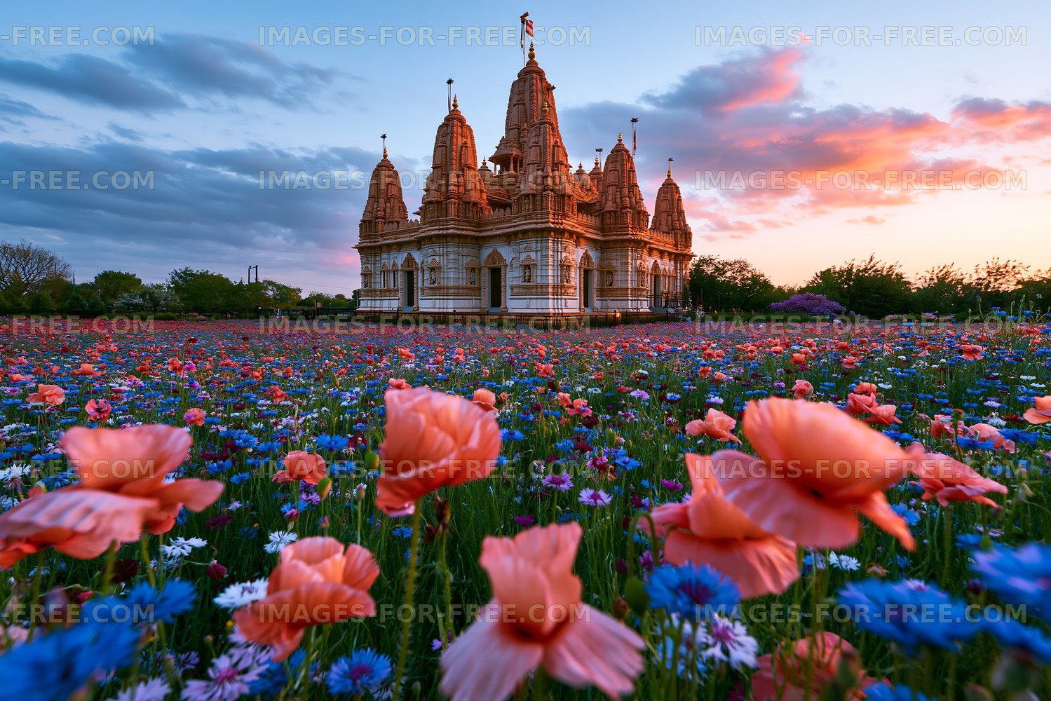 Temple surrounded by flowers at sunset in a vibrant landscape