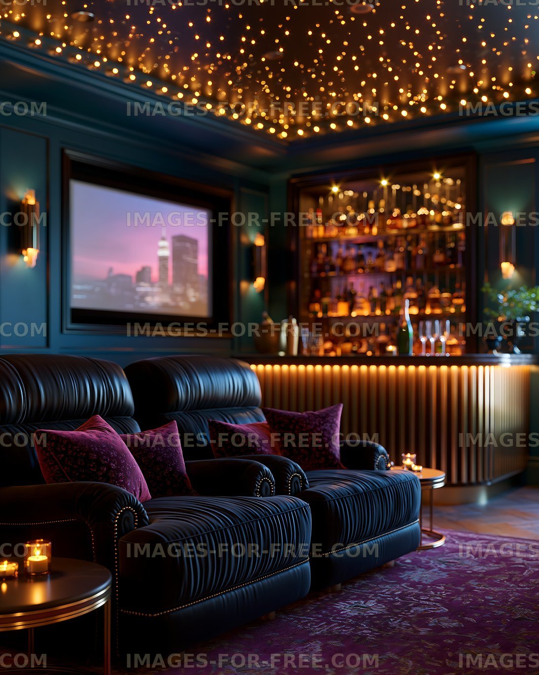 Cozy lounge with decorative lights and a city view
