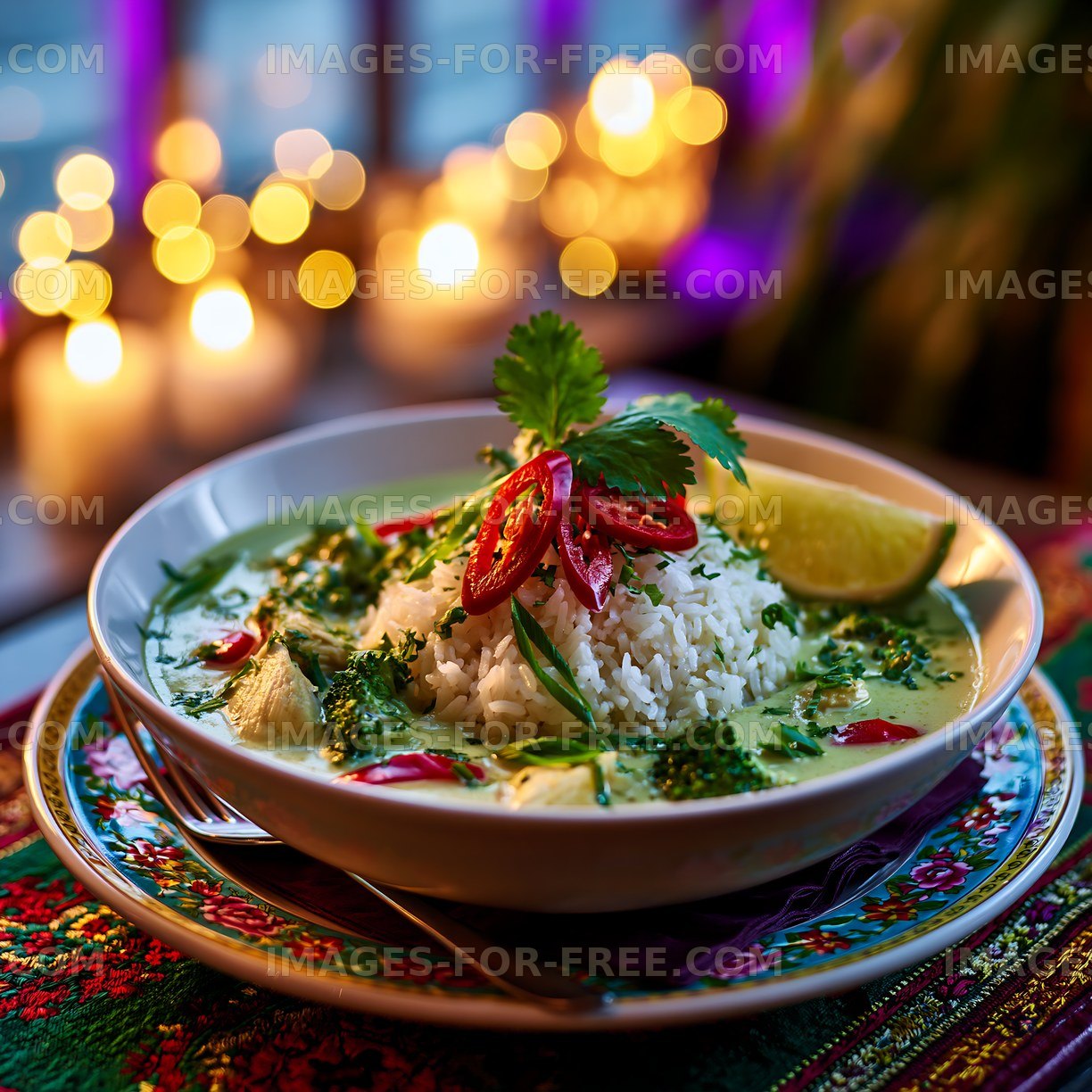 Delicious bowl of rice with green curry and fresh herbs