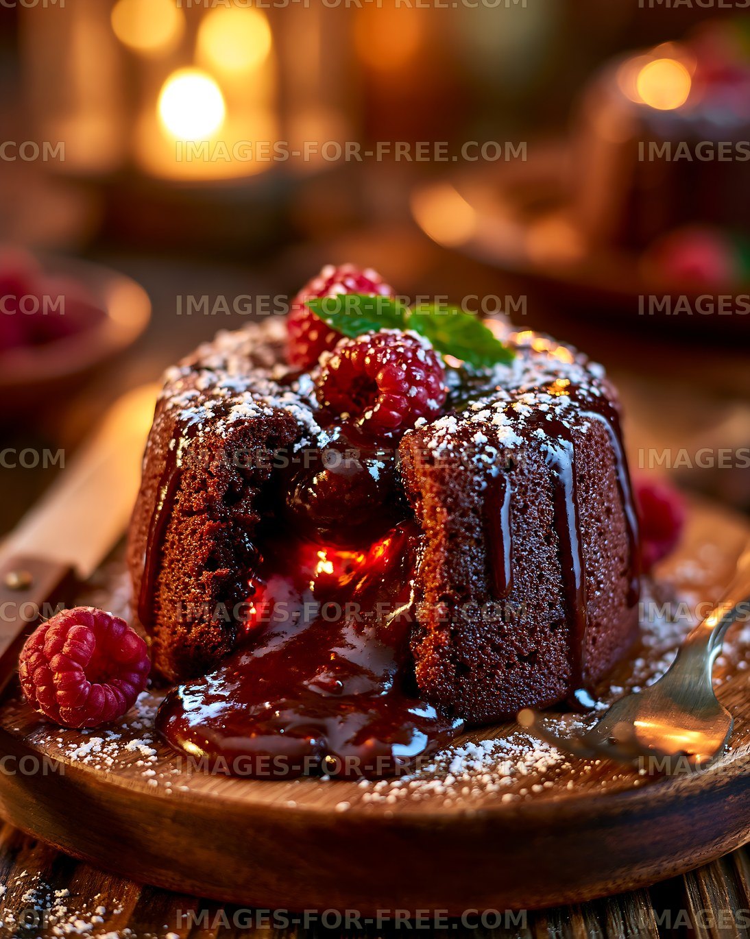 Decadent chocolate dessert with raspberries on a wooden table