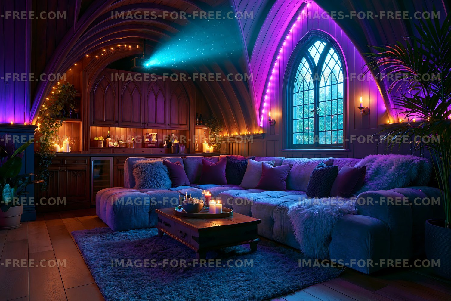 Cozy living space with colorful lighting in a modern setting