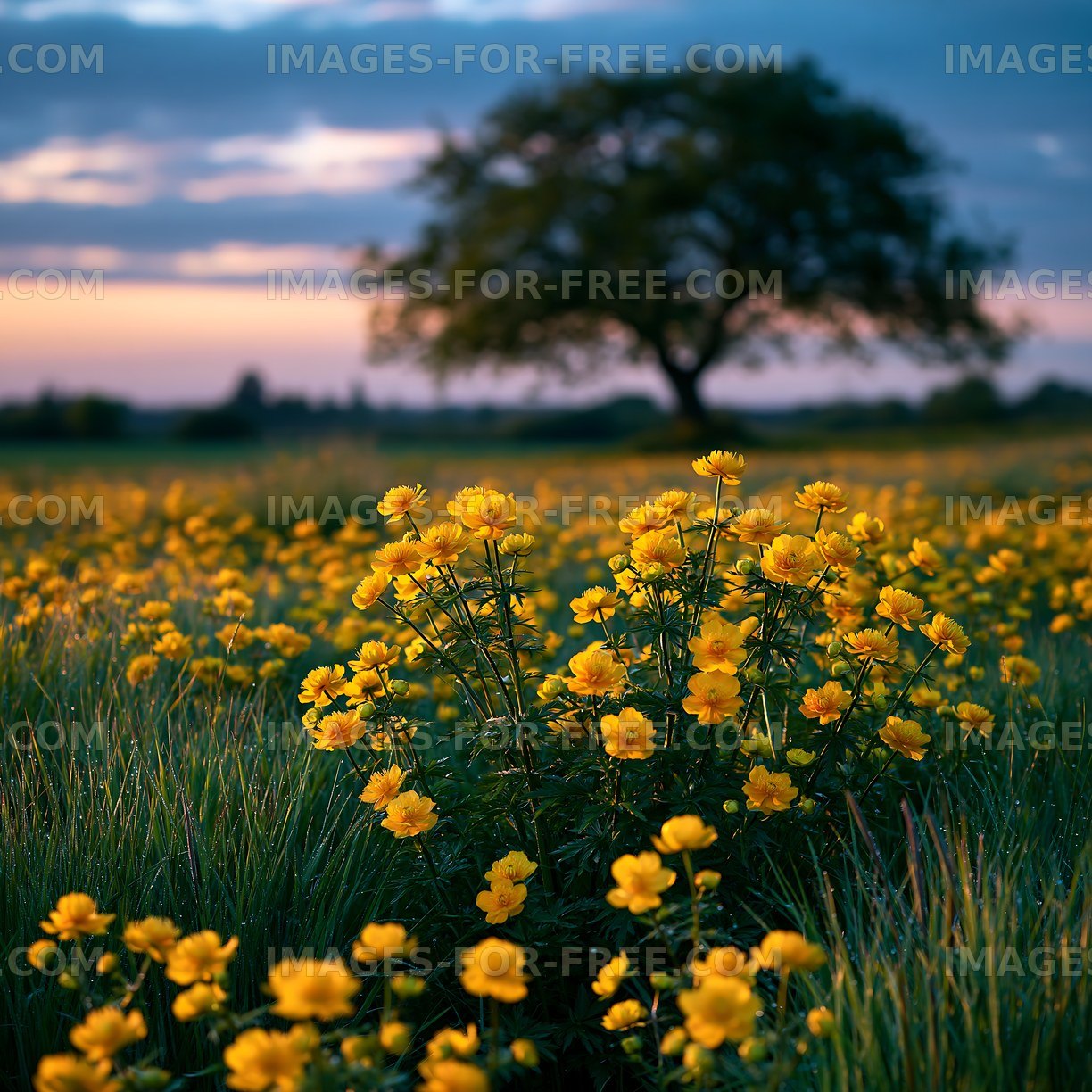 Yellow flowers bloom in a field during sunset
