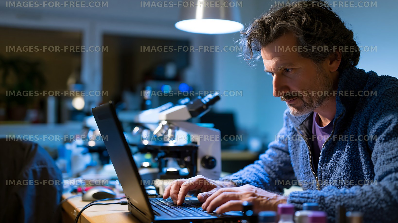 Researcher working at a desk with laptop and microscope