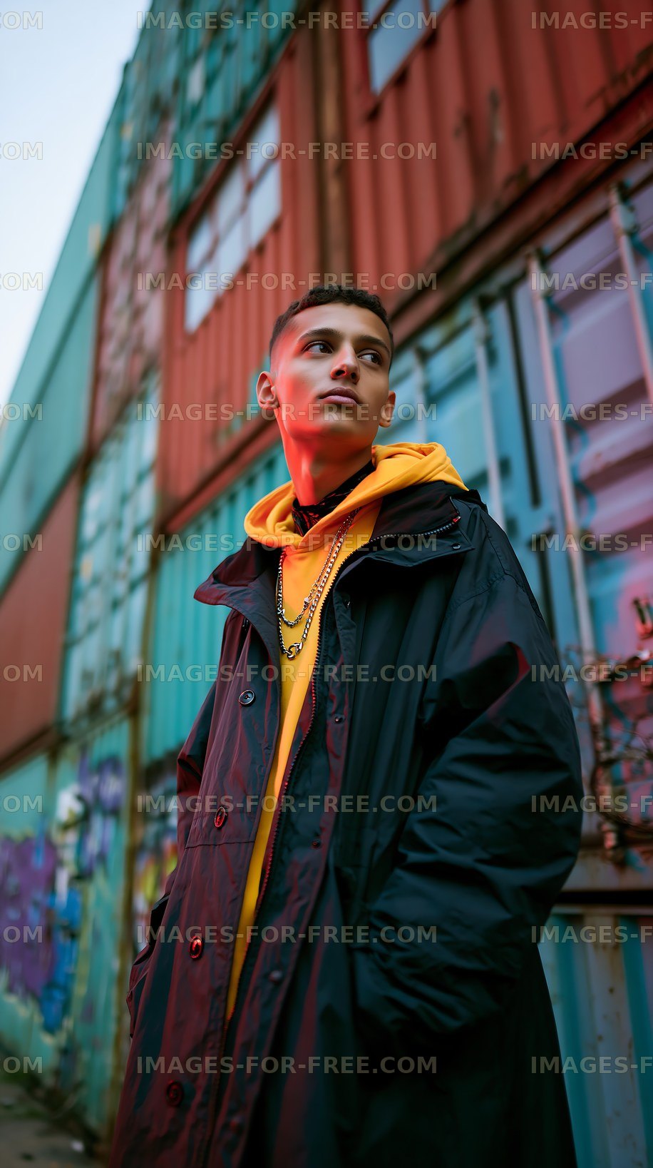 Young man stands near shipping containers in urban area