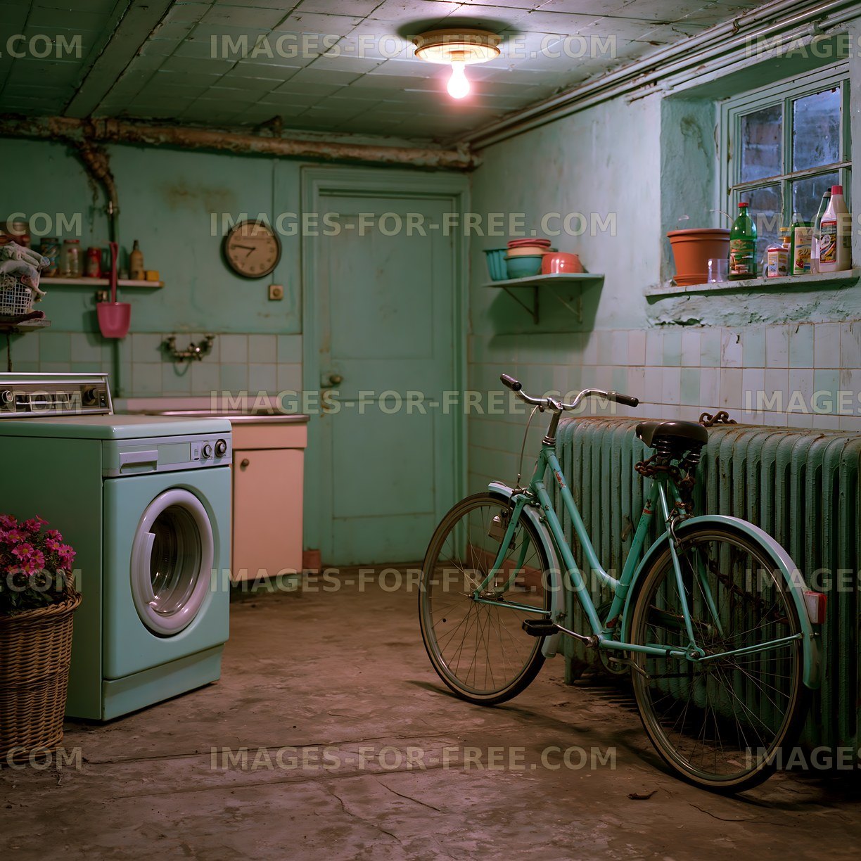 Vintage laundry room with a bicycle and washing machine