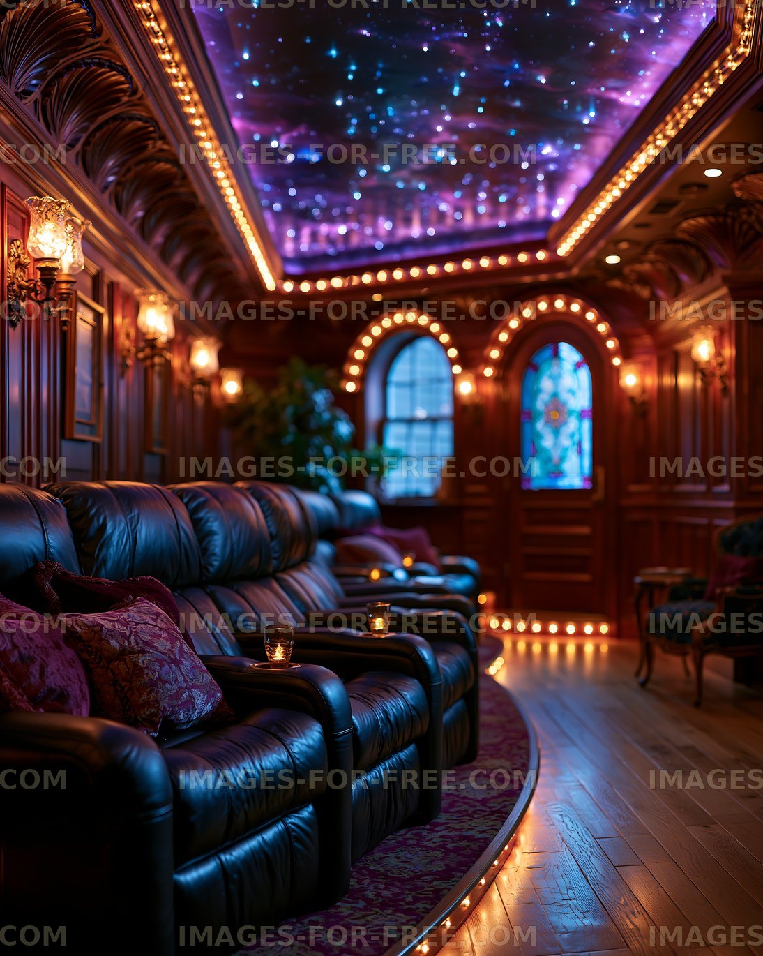 Luxury home theater with elegant seating and decorative lighting
