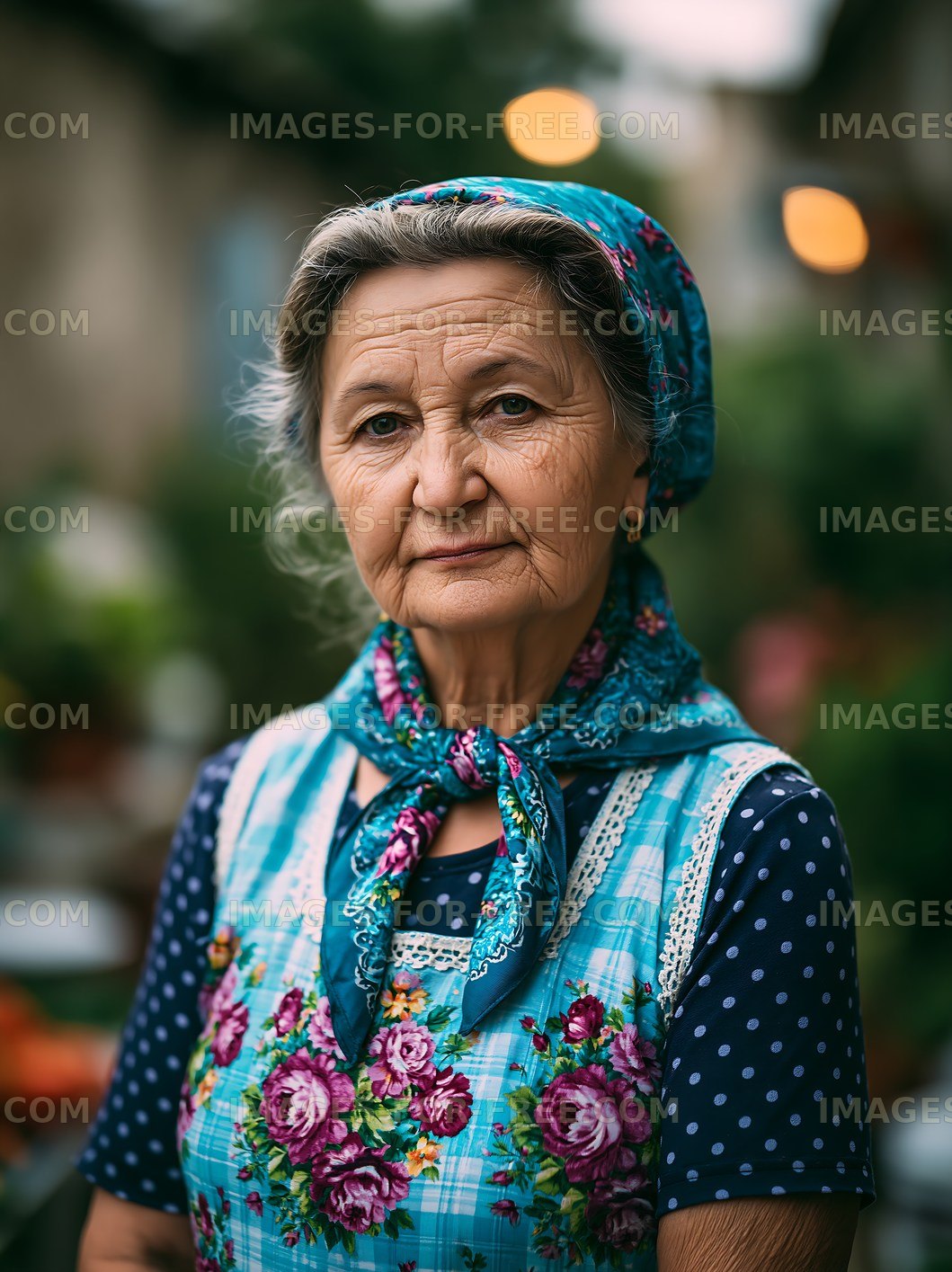 Elderly woman in a garden wearing scarf and floral apron