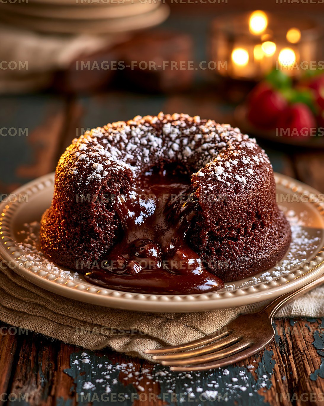 Chocolate lava cake served on a plate with strawberries and candles