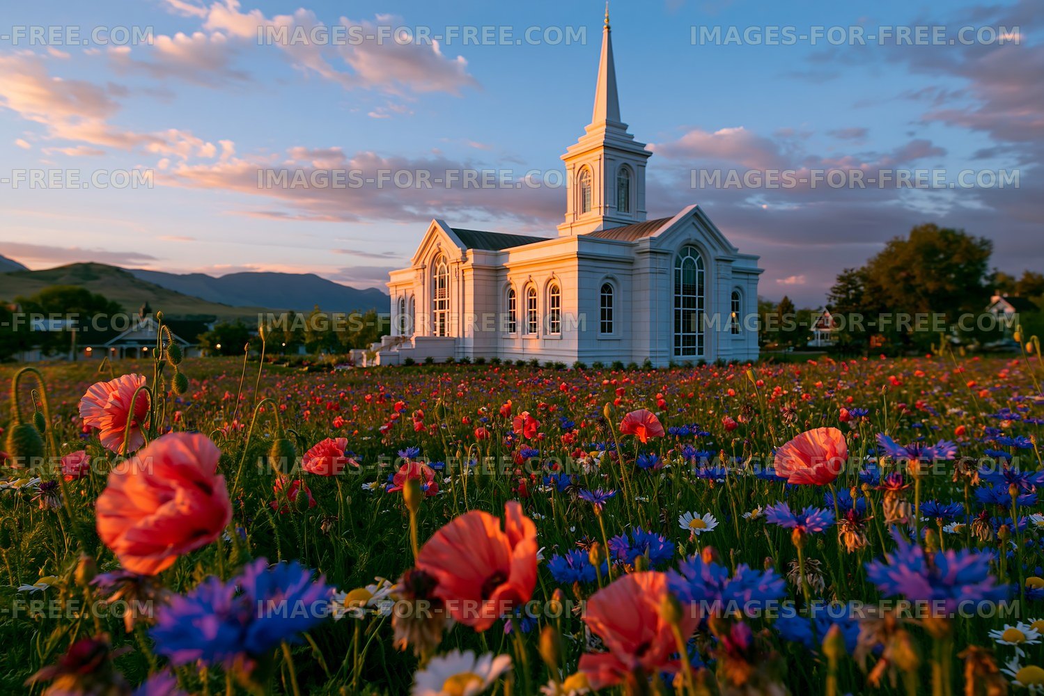 Church surrounded by colorful wildflowers during sunset