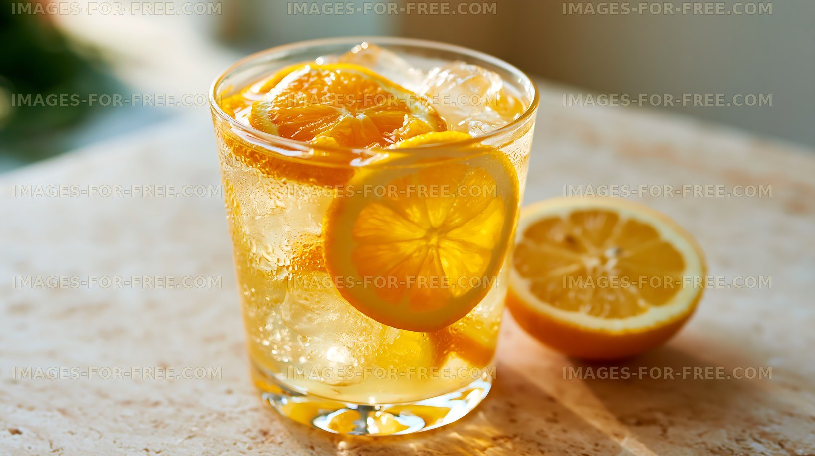 Refreshing drink with lemon slices and ice in a glass