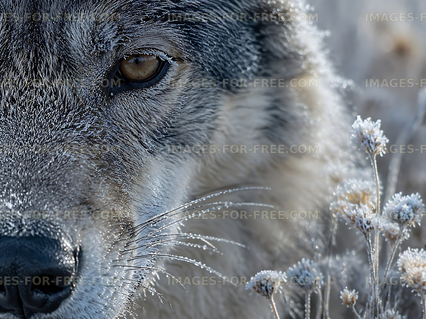 Close-up of a wolf with frost-covered fur in a snowy landscape