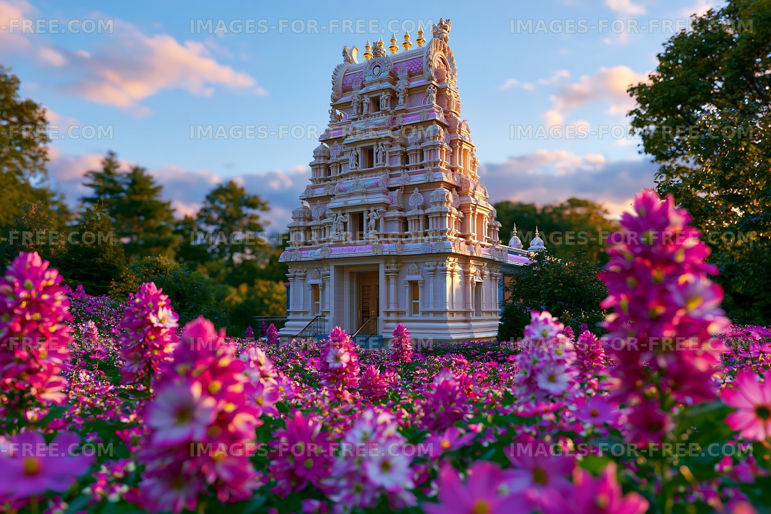 Temple surrounded by flowers in a garden at sunset